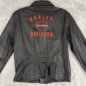 Harley‎ Davidson Womens Leather Jacket Black Large Embroidered Logo Pockets